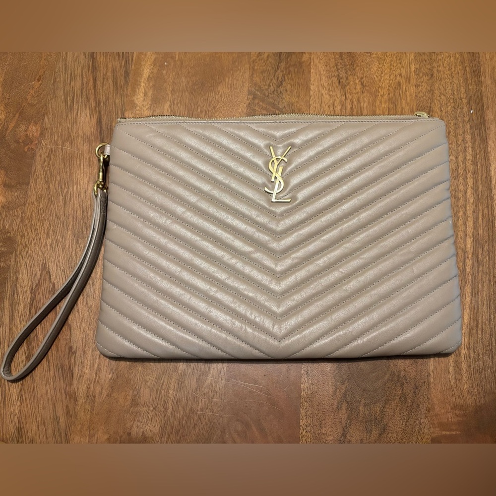Vintage Saint Laurent YSL Dark Beige Pouch Clutch 11 1/2” x 8”